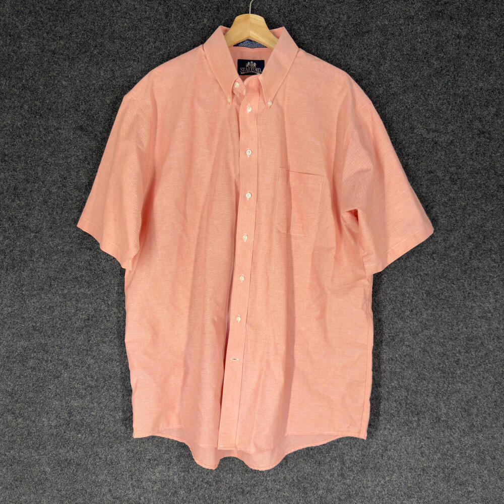 Stafford Shirt Men 17 Pink Button Up Collared Short Sleeve Cotton Pockets